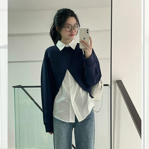 2023年春装新款女装春季法式风白色衬衫叠穿搭配卫衣小衫两件套装