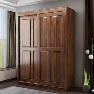实木衣柜推拉门1.6米胡桃木卧室北欧轻奢大衣橱收纳移门家用柜子