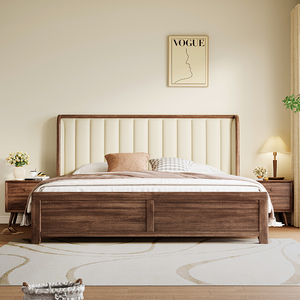 胡桃木全实木床现代简约1.8米大床纳帕真皮软靠新中式主卧储物床