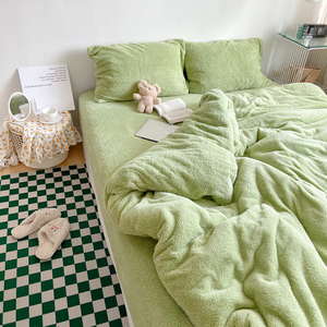 奶油绿ins少女心双面绒床上四件套清新公主风纯色泡芙绒被套床单