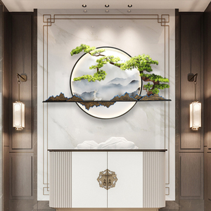新中式入户玄关装饰画圆形走廊过道高档茶室背景墙壁画办公室挂画