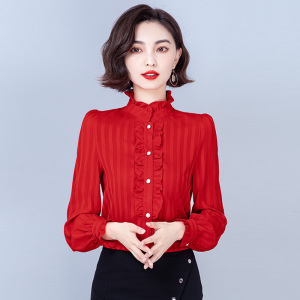 红色衬衫女式加绒加厚木耳领缎面衬衣设计感小众长袖时尚洋气时髦