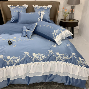 四件套100纯棉全棉高档刺绣裸睡床上用品公主风蕾丝花边被套床单4