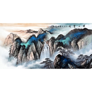 刘海粟字画手绘四尺横幅国画泼彩山水 黄山翠峰 酒店装饰名家字画
