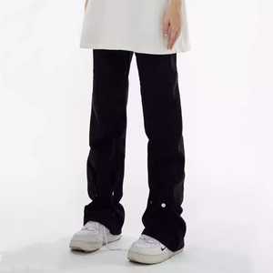 BWKA美式高街黑色牛仔裤女夏季排扣设计感微喇裤子修身堆积感长裤