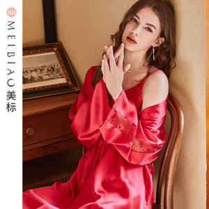 美标吊带真丝睡袍两件套女桑蚕丝睡衣丝绸浴袍红色婚庆晨袍家居服