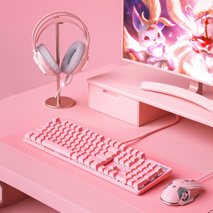 黑爵机械键盘女生樱花粉色鼠标套装104青红轴办公笔记本无线青茶