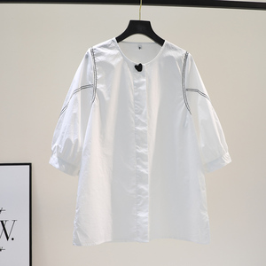 韩国白色圆领棉衬衫女2024夏季韩版宽松中长款衬衣文艺范半袖上衣