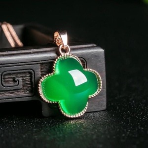 一元拍卖 保真s925银镶冰种玉髓翡翠绿色四叶草吊坠女款锁骨项链