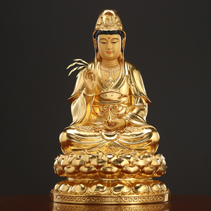 台湾纯铜贴金观音佛像观世音菩萨像供奉家用娑婆三圣观音菩萨摆件