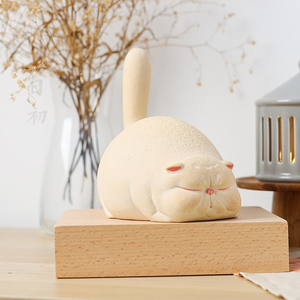 猫肥家润 长尾巴猫原创手工粗陶陶瓷猫咪摆件家居治愈陶艺萌宠礼
