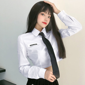 jk制服领带白色衬衫女设计感小众长袖衬衣短款小个子上衣潮流时尚