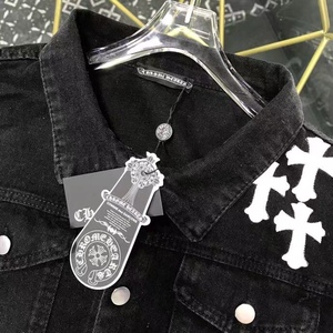 新款克罗心牛仔 砂洗黑白色皮标刺绣牛仔外套