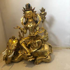 尼泊尔紫铜鎏金佛像普贤菩萨六牙白象人物摆件