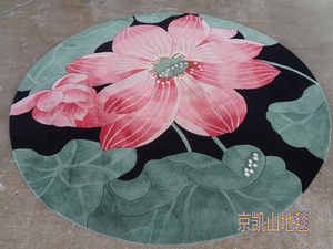 中国风抽象荷花花朵圆形手工羊毛客厅茶几地毯寺庙佛堂大厅门口垫