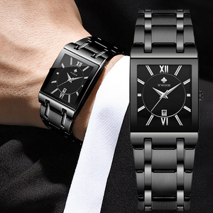 瑞士正品长方形男士手表方型超薄防水商务钨钢带方块黑色石英表男