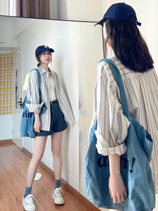蓝色条纹衬衫女设计感小众夏季薄款宽松防晒衬衣外套复古日系上衣