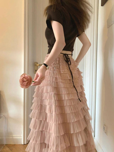 法式荷叶边纱裙半身裙女夏季蓬蓬网纱蛋糕裙仙女裙子粉色a字长裙