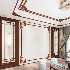 新中式电视背景墙线条实木吊顶装饰花格造型现代简约客厅边框线条
