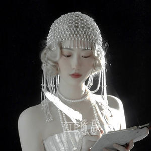 超仙新娘珍珠流苏帽子韩式复古结婚造型写真夸张影楼旅行拍照头饰