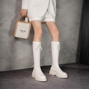 长筒靴女骑士靴绑带厚底白色马丁靴子瘦瘦弹力春秋大码4143高筒靴