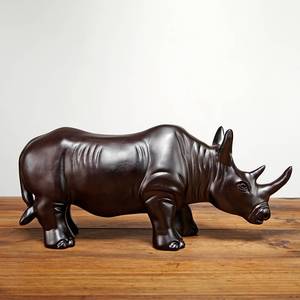 木雕犀牛摆件实木质牛雕刻动物家装办公室桌面装饰品红木工艺品