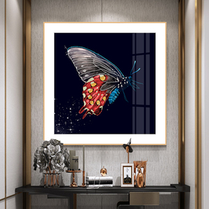 玄关蝴蝶装饰画大气简约餐厅背景墙挂画现代轻奢晶瓷壁画高档墙画