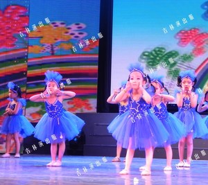 六一新款儿童演出服装星星舞蹈服女童公主裙蓝色蓬蓬裙表演服纱裙