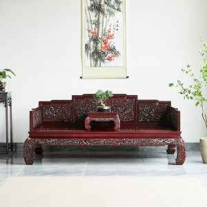 赞比亚血檀满雕龙纹罗汉床新中式红木家具实木古典沙发床榻两件套