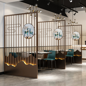 新中式屏风隔断饭店包间火锅烧烤店简约餐厅卡座装饰铁艺镂空定制