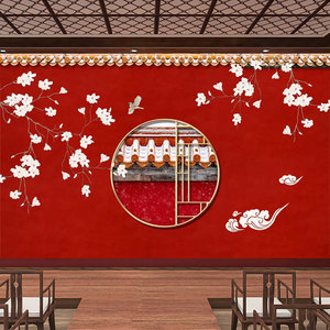 大气皇宫宫廷风包厢墙纸复古故宫红墙屋檐壁画中国风装饰背景墙布