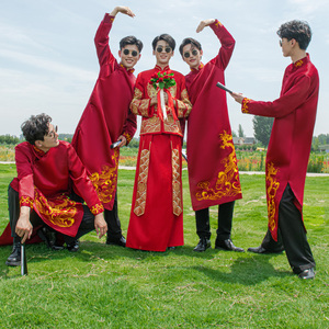 伴郎服中式夏季结婚礼服兄弟团接亲服装男中国风长袍大褂唐装马褂