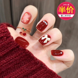 短款贴片美甲成品可拆卸穿戴式冬天显白款短款红色美甲