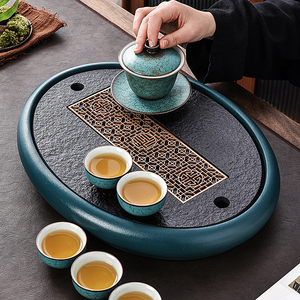 椭圆形茶盘陶瓷乌金石茶台现代简约家用小型储水干泡排水石头托盘