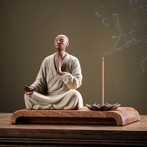 中式禅意紫砂小和尚摆件家用室内佛系装饰工艺品茶室桌面陶瓷茶宠