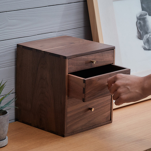 黑胡桃木三层小抽屉柜桌面多层抽屉收纳盒首饰盒实木化妆收纳柜子