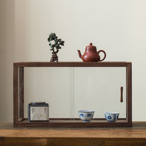 北美黑胡桃木实木五面玻璃展示柜茶室茶具防尘收纳柜手办收藏展柜