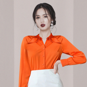 欧洲站小众轻熟风ol职业衬衫女秋冬高端橘色上衣气质通勤长袖衬衣