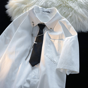 日系学院风休闲白色领带短袖衬衫女夏宽松慵懒风复古港风情侣衬衣