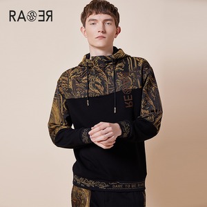 rare威雅男装 2021秋冬新款男士套头衫黑色卷草纹提花连帽卫衣