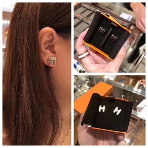 代购hermes/爱马仕耳钉21新款女经典椭圆h字母pop珐琅玫瑰金耳环