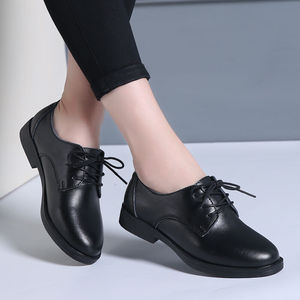 2021秋季新款单鞋女黑色小皮鞋平底商务工作休闲鞋女系带女鞋黑色