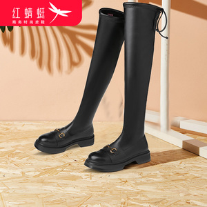 红蜻蜓女鞋2023新款潮流时尚气质女长皮靴真皮冬季加绒舒适过膝靴