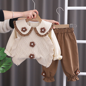 婴儿衣服春秋季韩版时髦可爱毛衣三件套小童装一岁小女孩宝宝春装