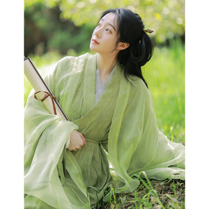 原创汉服女魏晋风直裾超仙气飘逸古风青绿色广袖交领齐腰襦裙全套