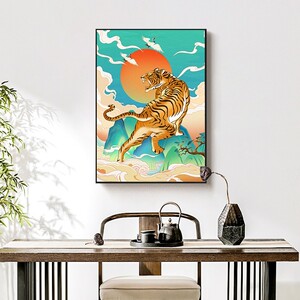 新中式老虎猛虎下山装饰画书房客厅卧虎虎年生肖挂画画芯画报海报