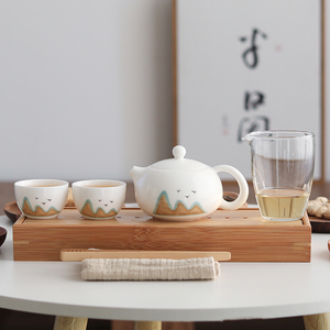 中国风西施壶套装家用远山陶瓷茶壶竹制储水盘2-4人整套功夫茶具