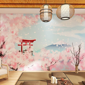 复古日式樱花壁纸和风仿木门主题卧室壁画日本餐厅烤肉寿司店墙纸