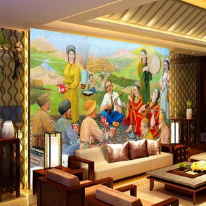新疆风格壁纸民族特色小吃店壁画人物油画民俗丰收背景墙客厅墙纸