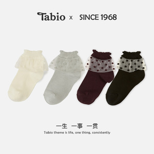 Tabio日本制造儿童圆点图案薄纱蕾丝边短袜透气春秋女宝宝公主袜